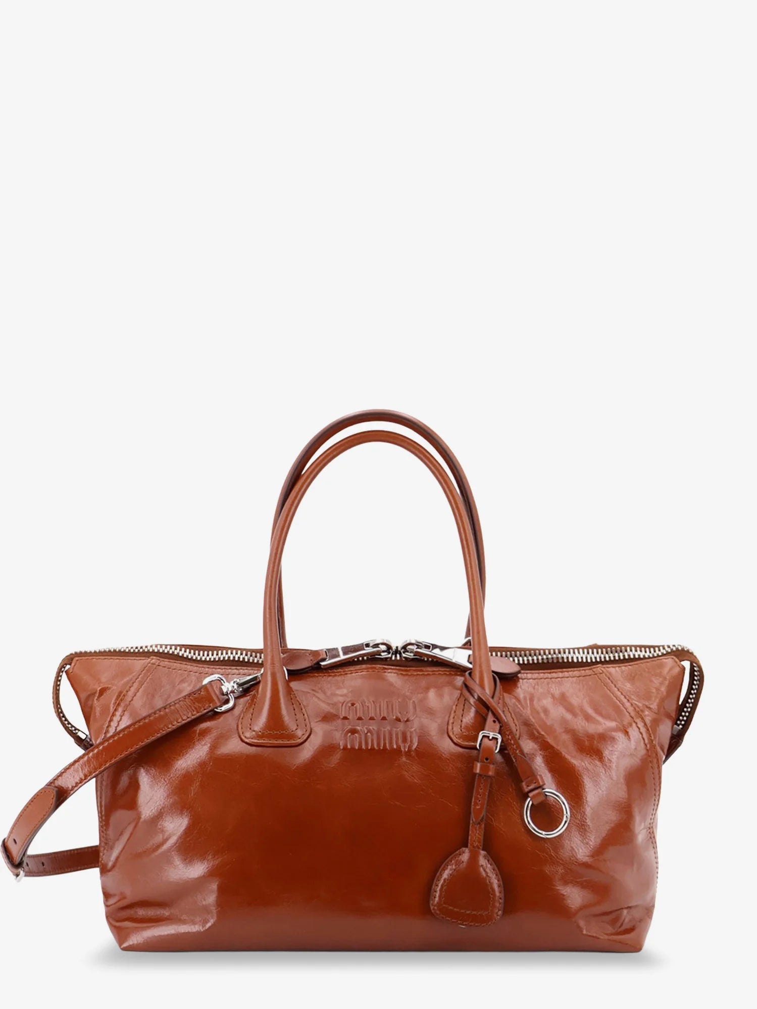 Shiny leather handbag with front lettering logo