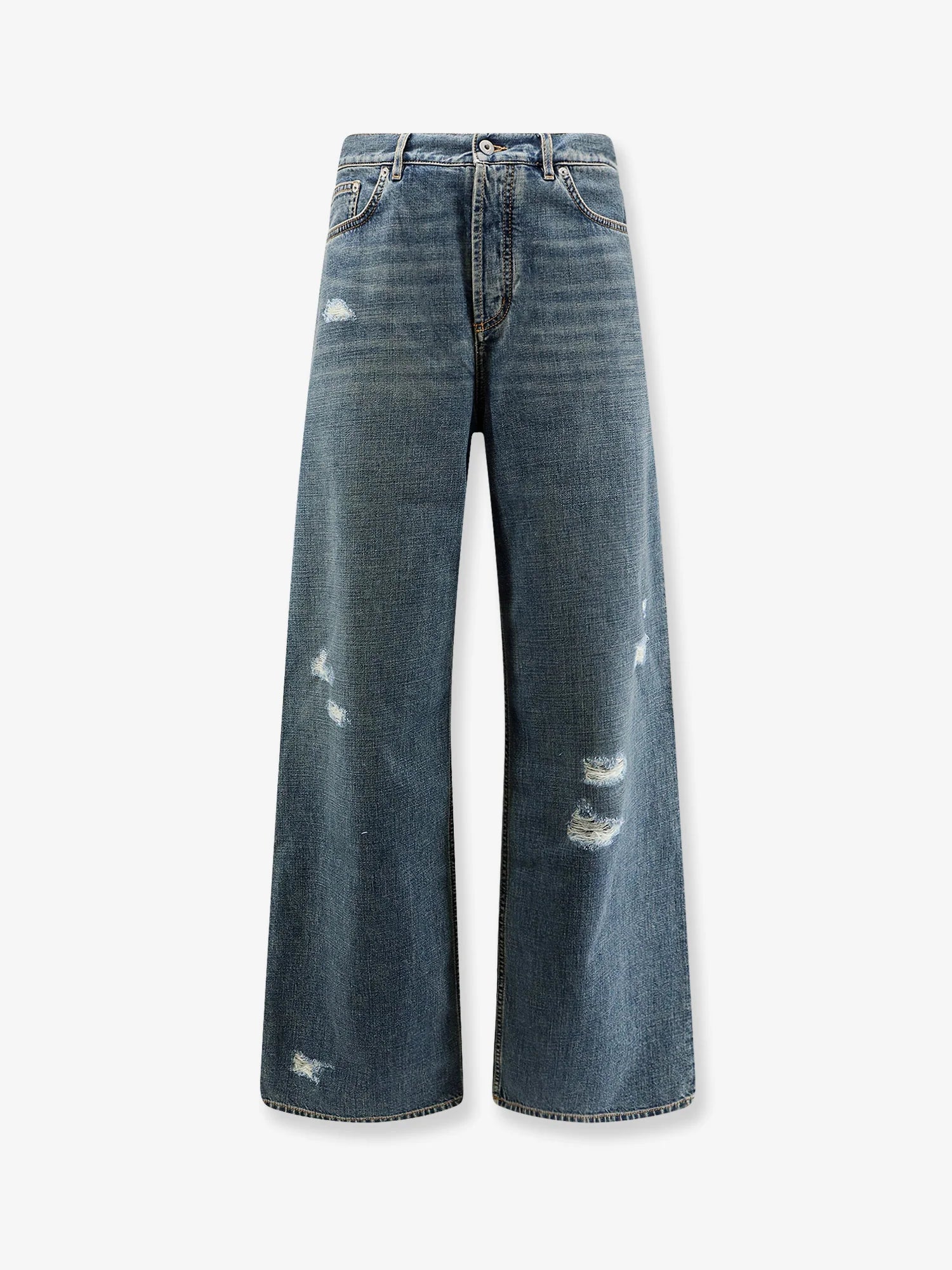 Destroyed-effect blue denim jeans