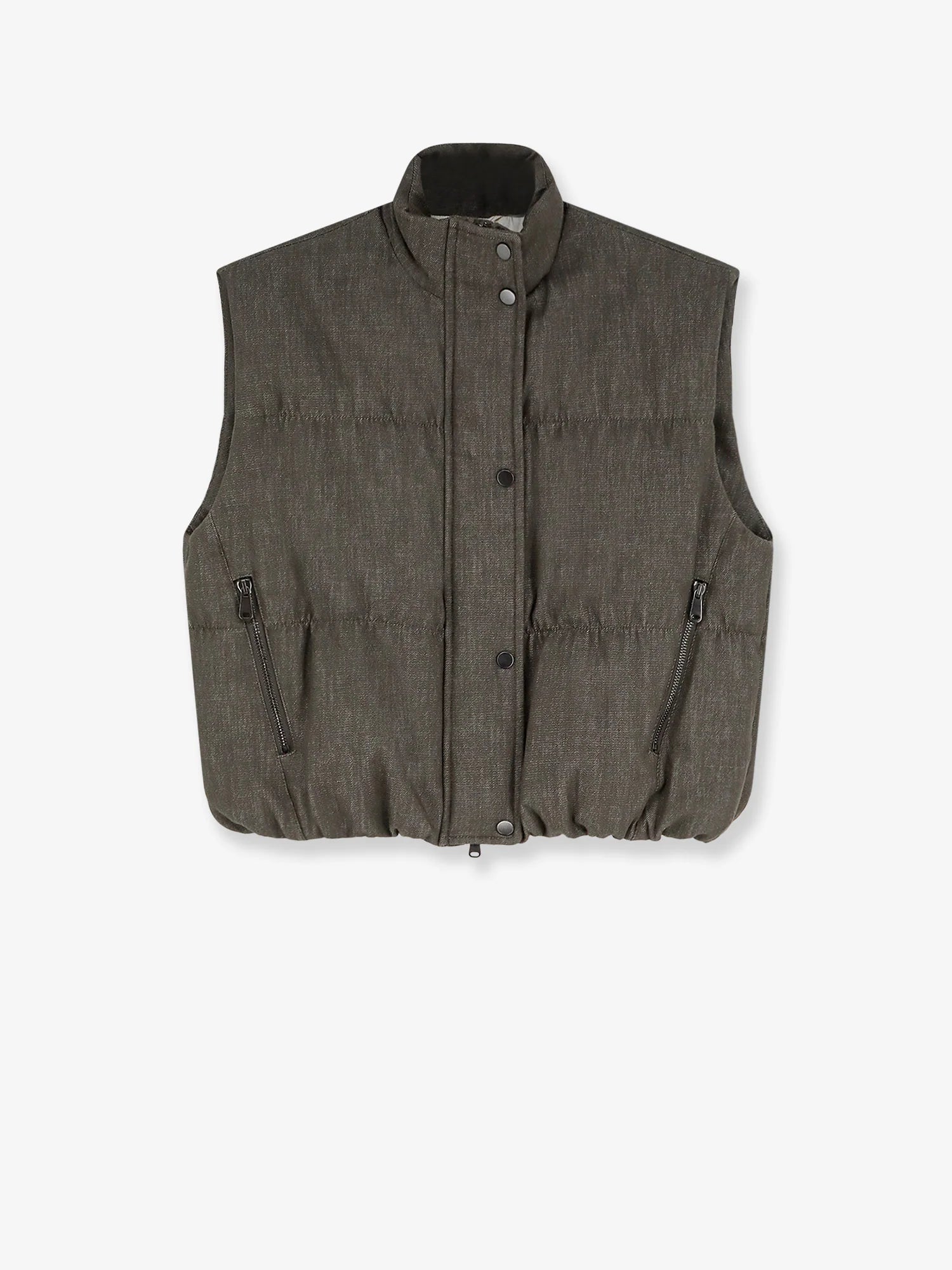 Sleeveless effect twill-denim down jacket