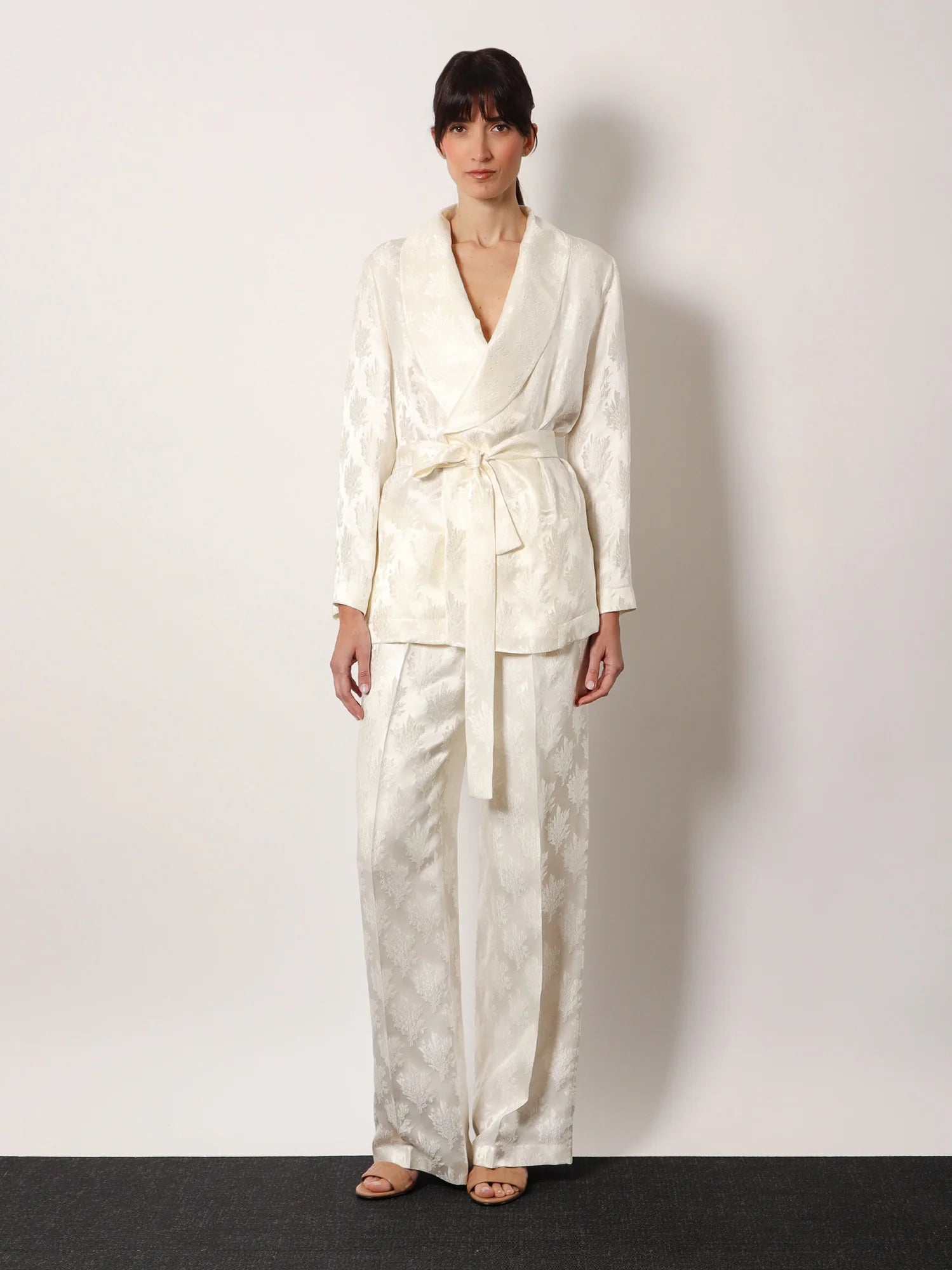 Jacquard silk trousers with floral motif