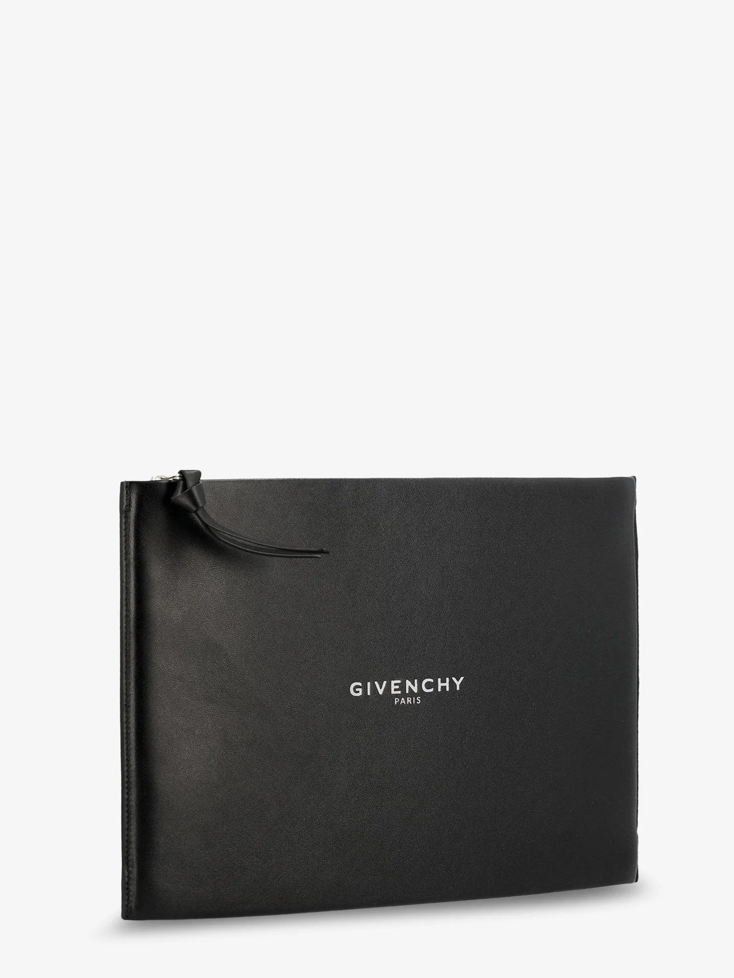 Leather clutch bag with lettering logo on the front