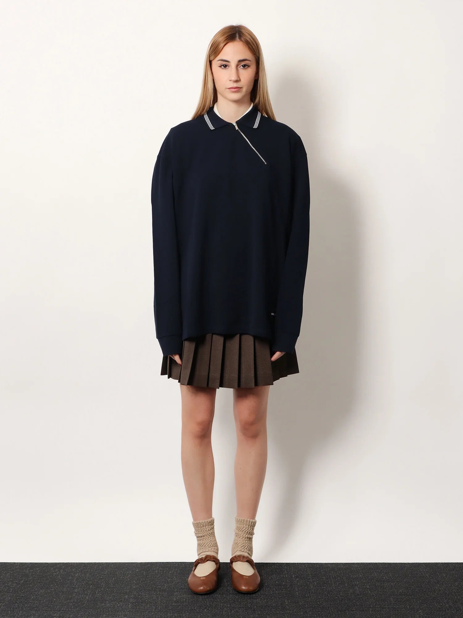 Cotton polo shirt with asymmetric metal zip detail