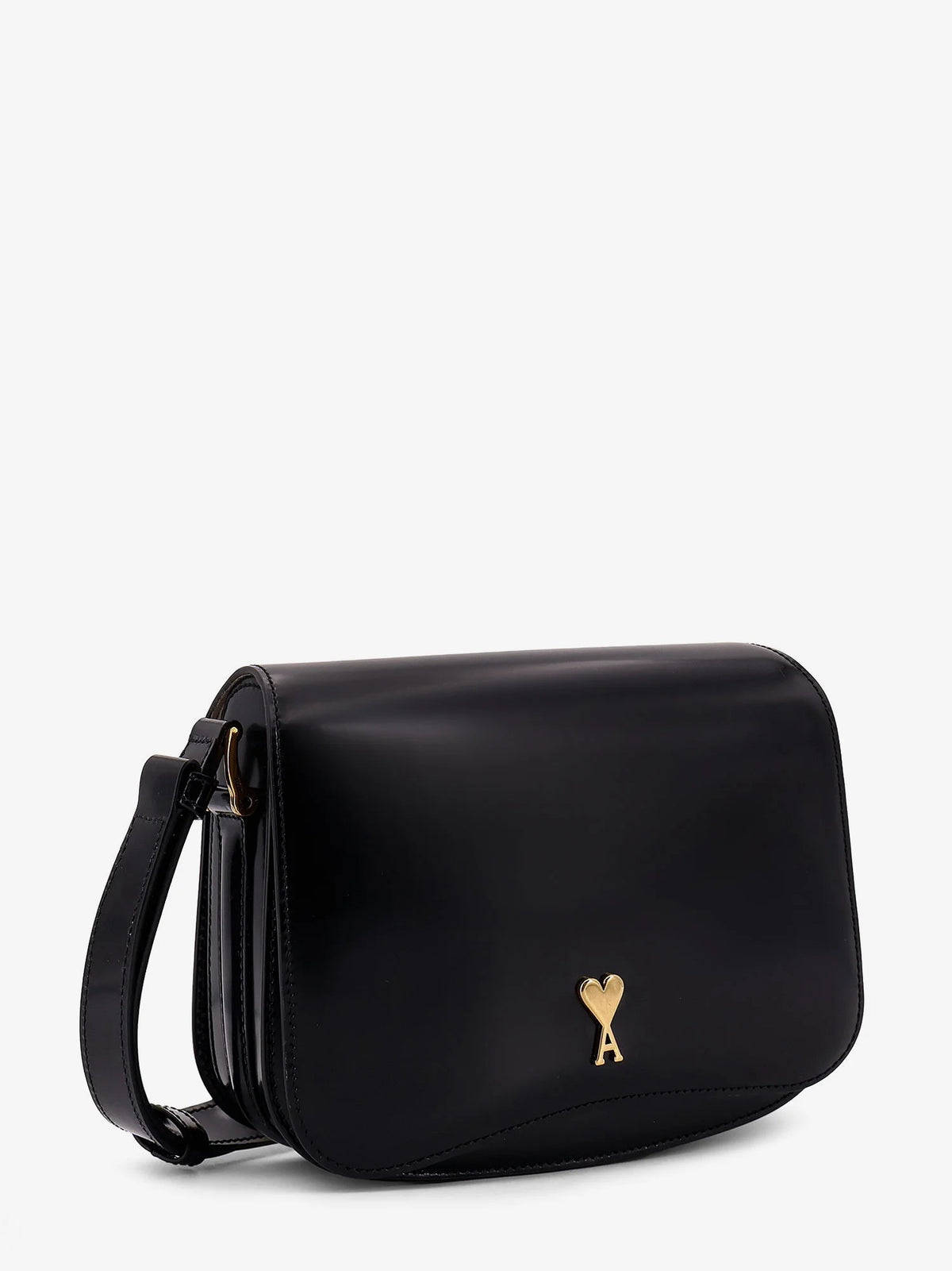 Leather shoulder bag with metal logo on the front