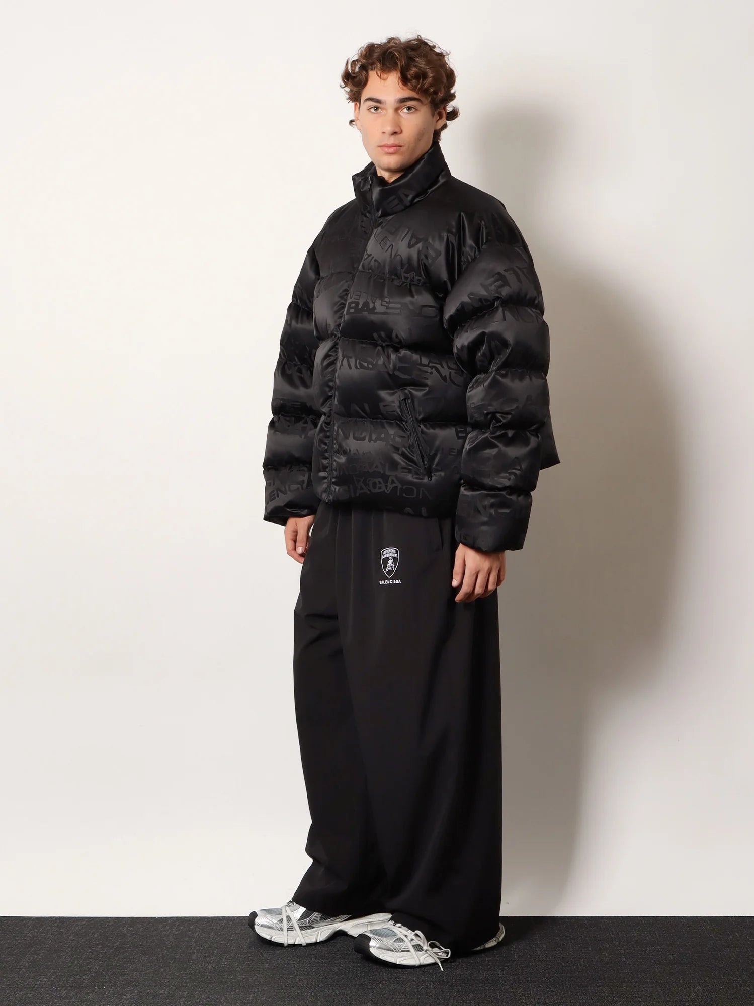 Nylon down jacket with all-over lettering logo