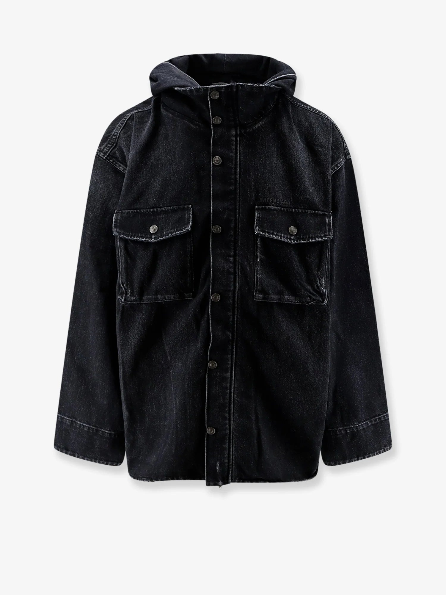 Black denim jacket with embroidered logo on the front