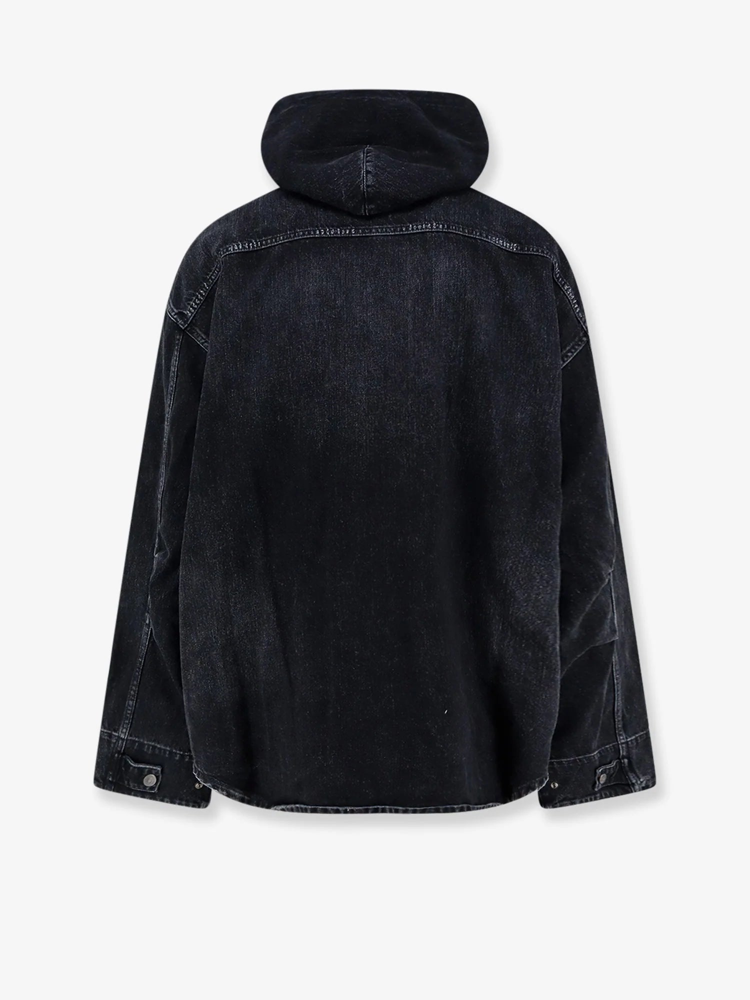 Black denim jacket with embroidered logo on the front