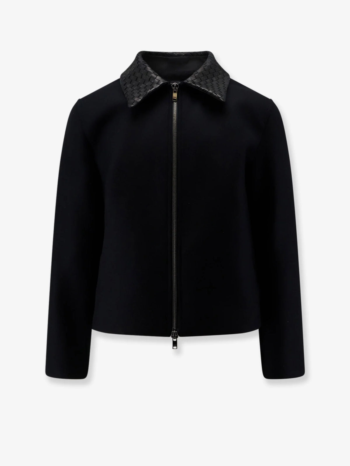 Wool jacket with leather collar with Intrecciato motif