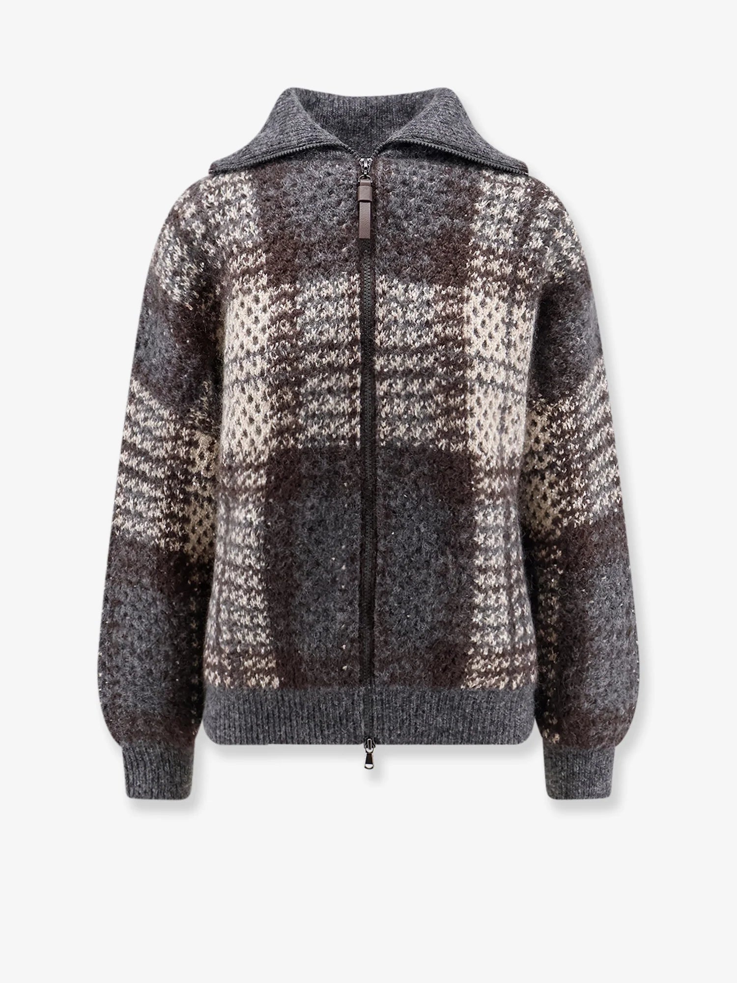 Cardigan with intarsia and micro-sequin embroidery