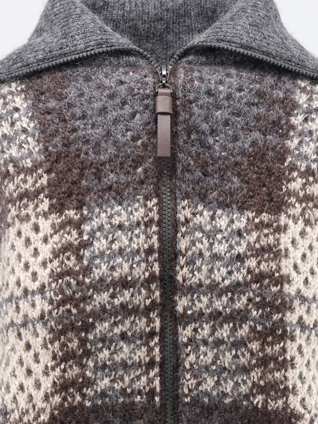 Cardigan with intarsia and micro-sequin embroidery