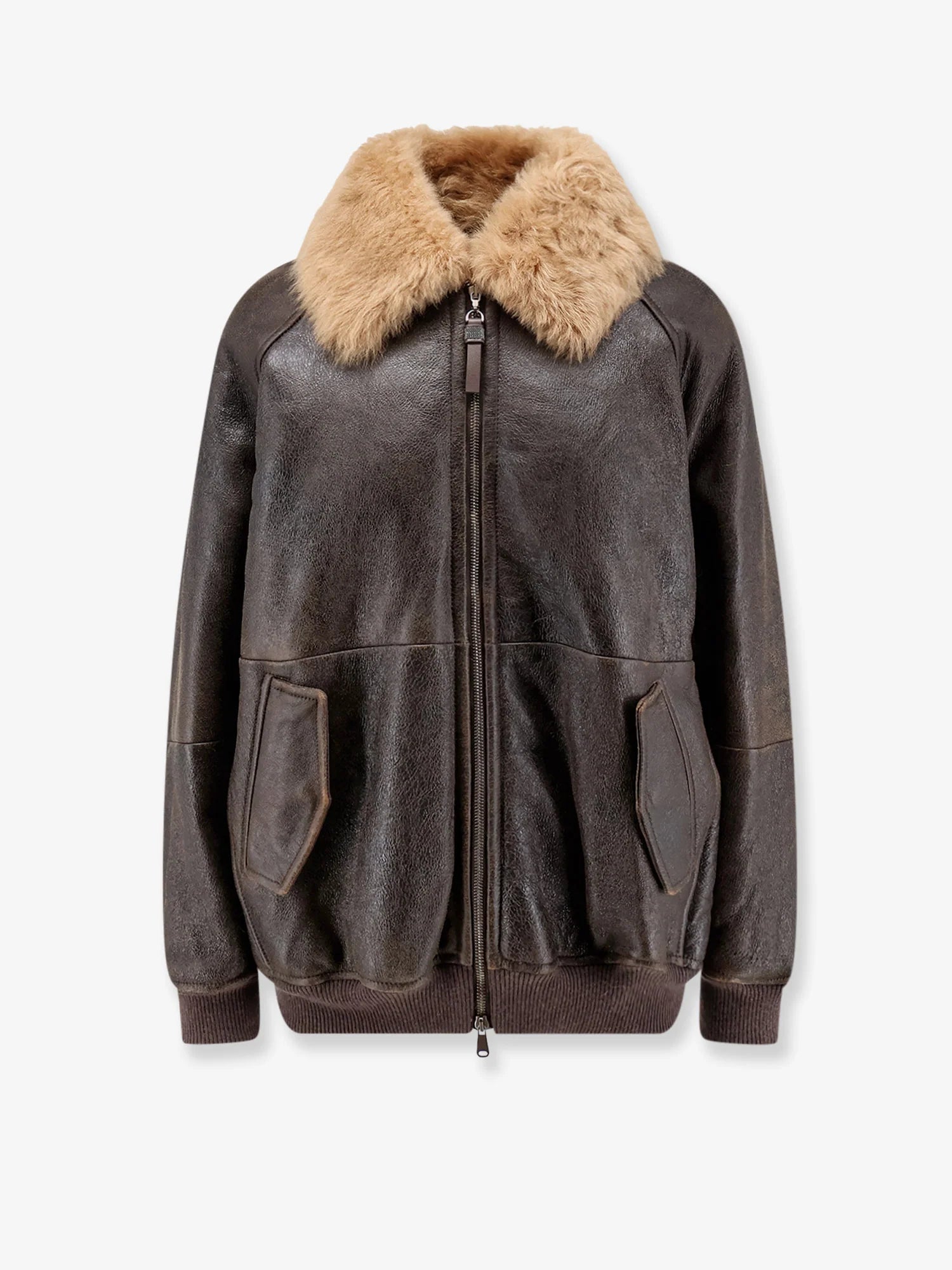 Leather jacket with shearling collar