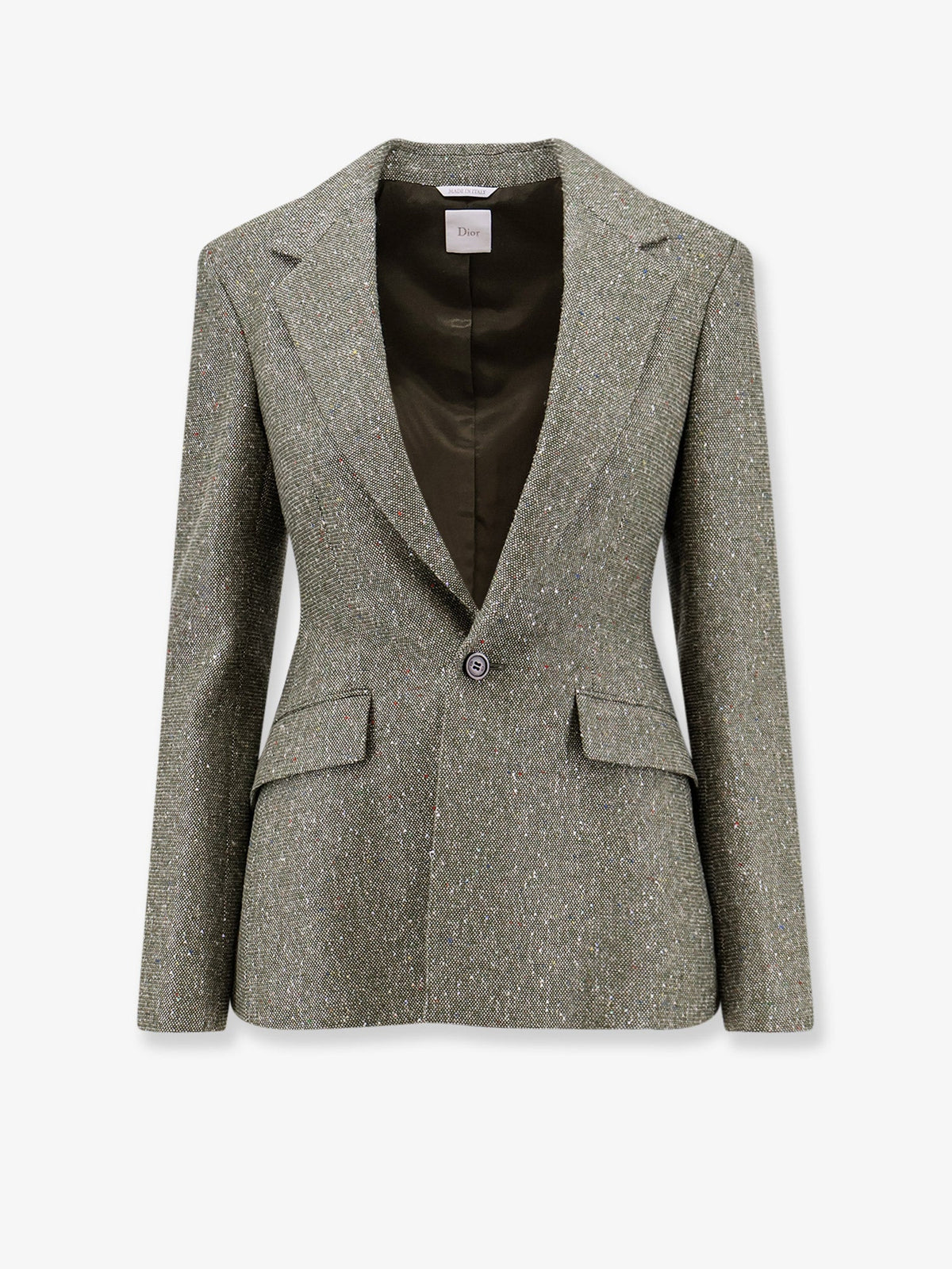 Khaki Donegal tweed blazer with multicolored sequins embroidery