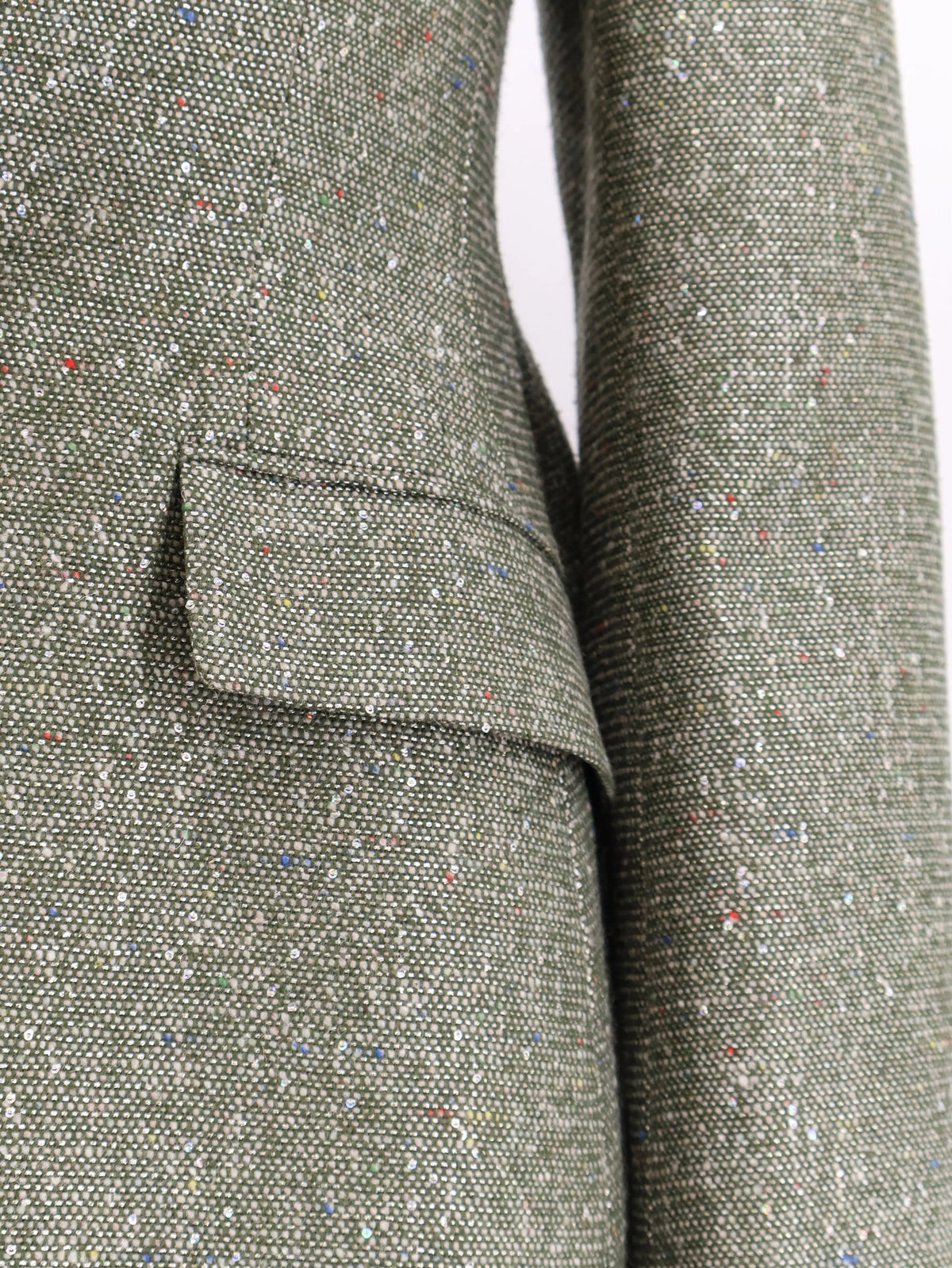 Khaki Donegal tweed blazer with multicolored sequins embroidery