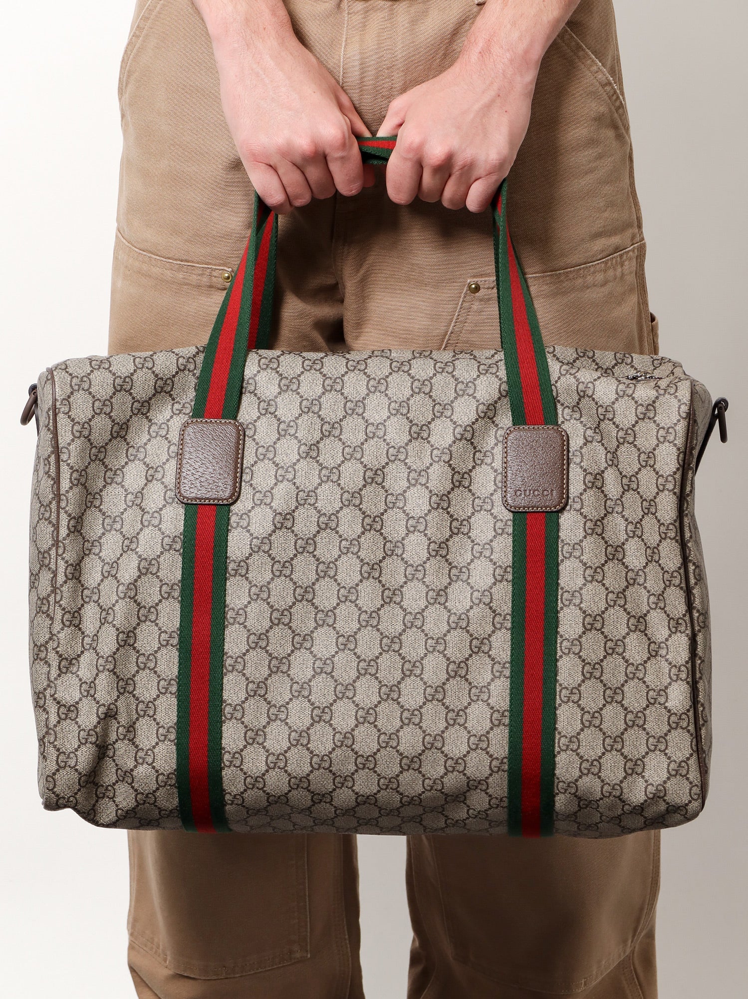 GG Supreme Fabric and leather travel bag with Web detail