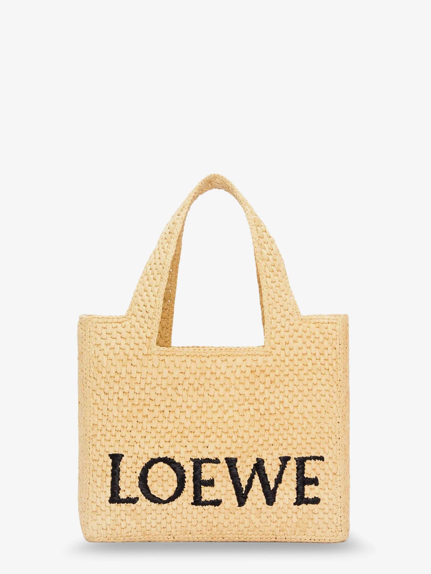 Paula's Ibiza -Small Loewe Font raffia handbag with embroidered logo on the front