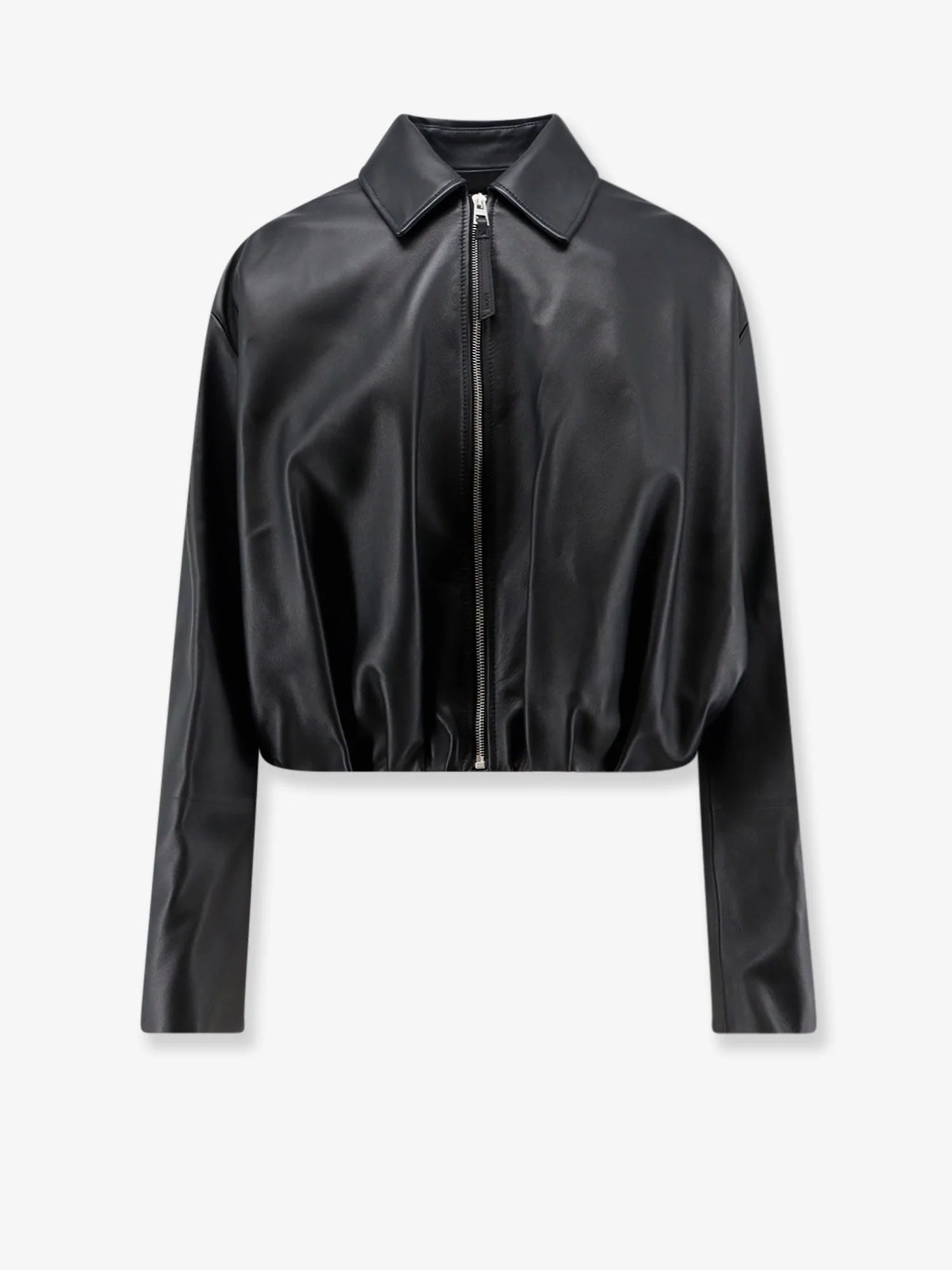 Cropped leather jacket with back logo patch