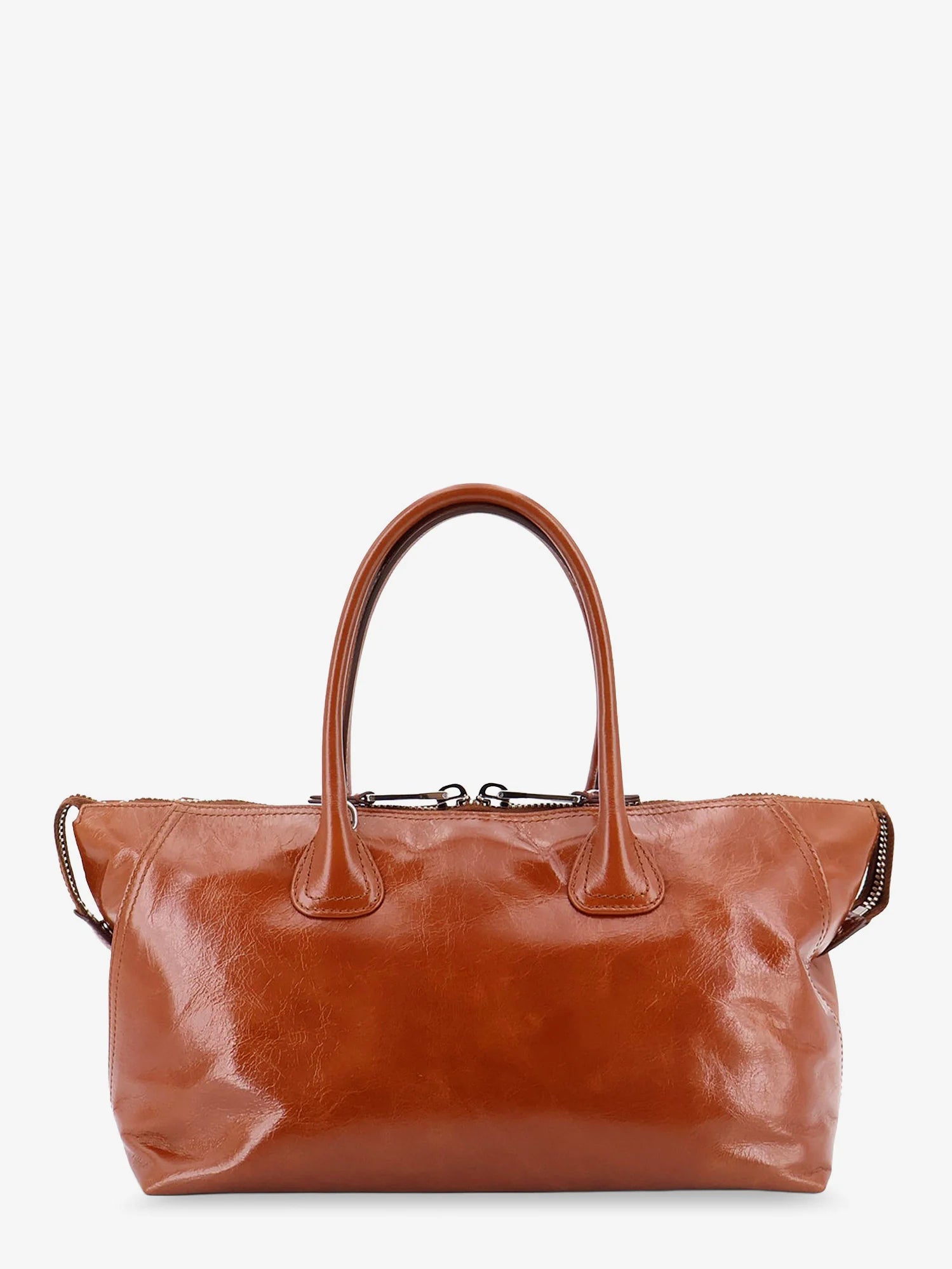 Shiny leather handbag with front lettering logo