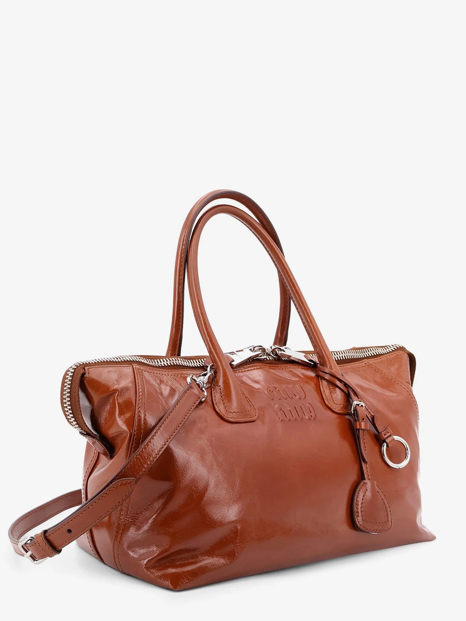 Shiny leather handbag with front lettering logo