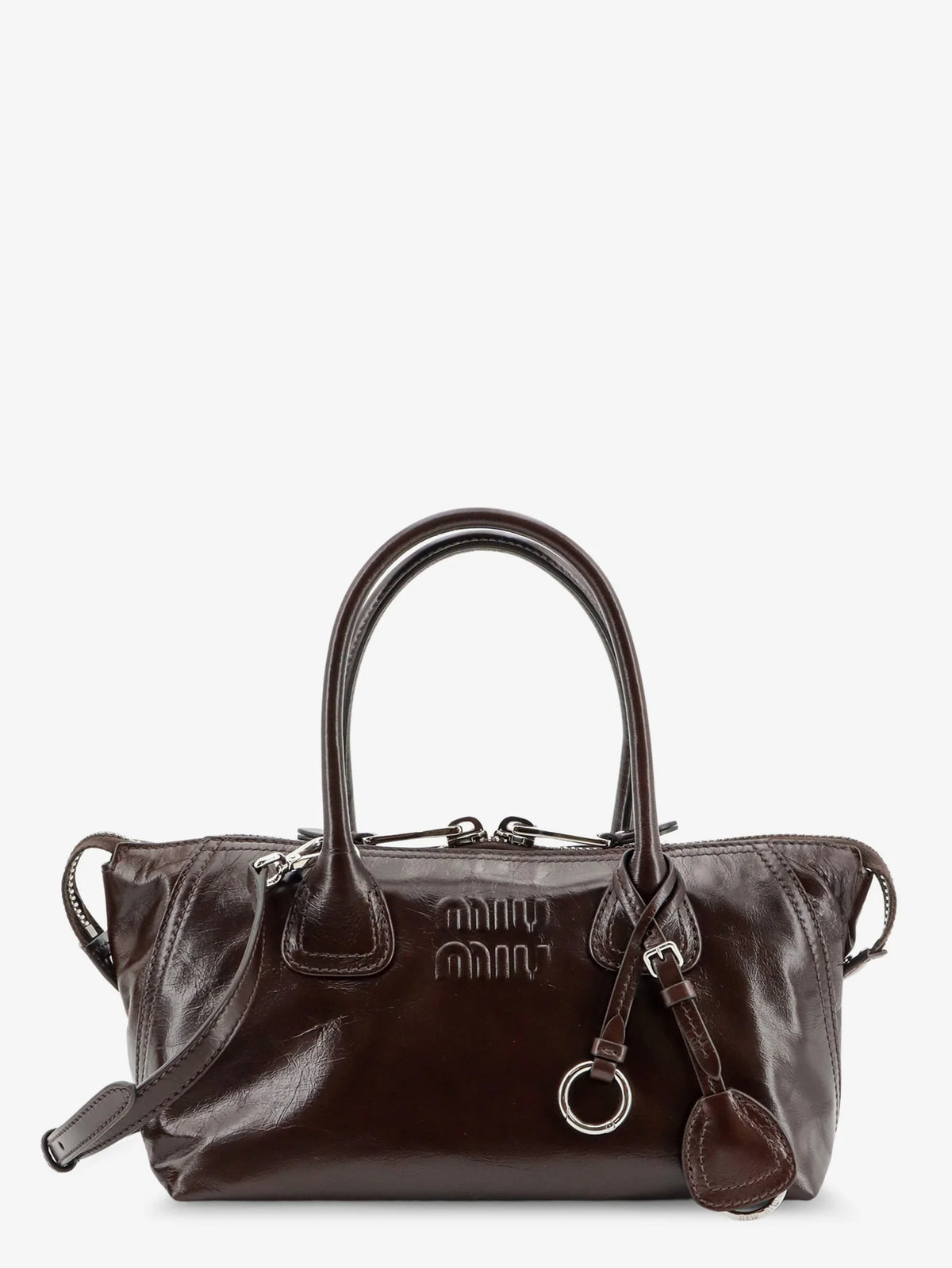Leather handbag with embossed lettering logo