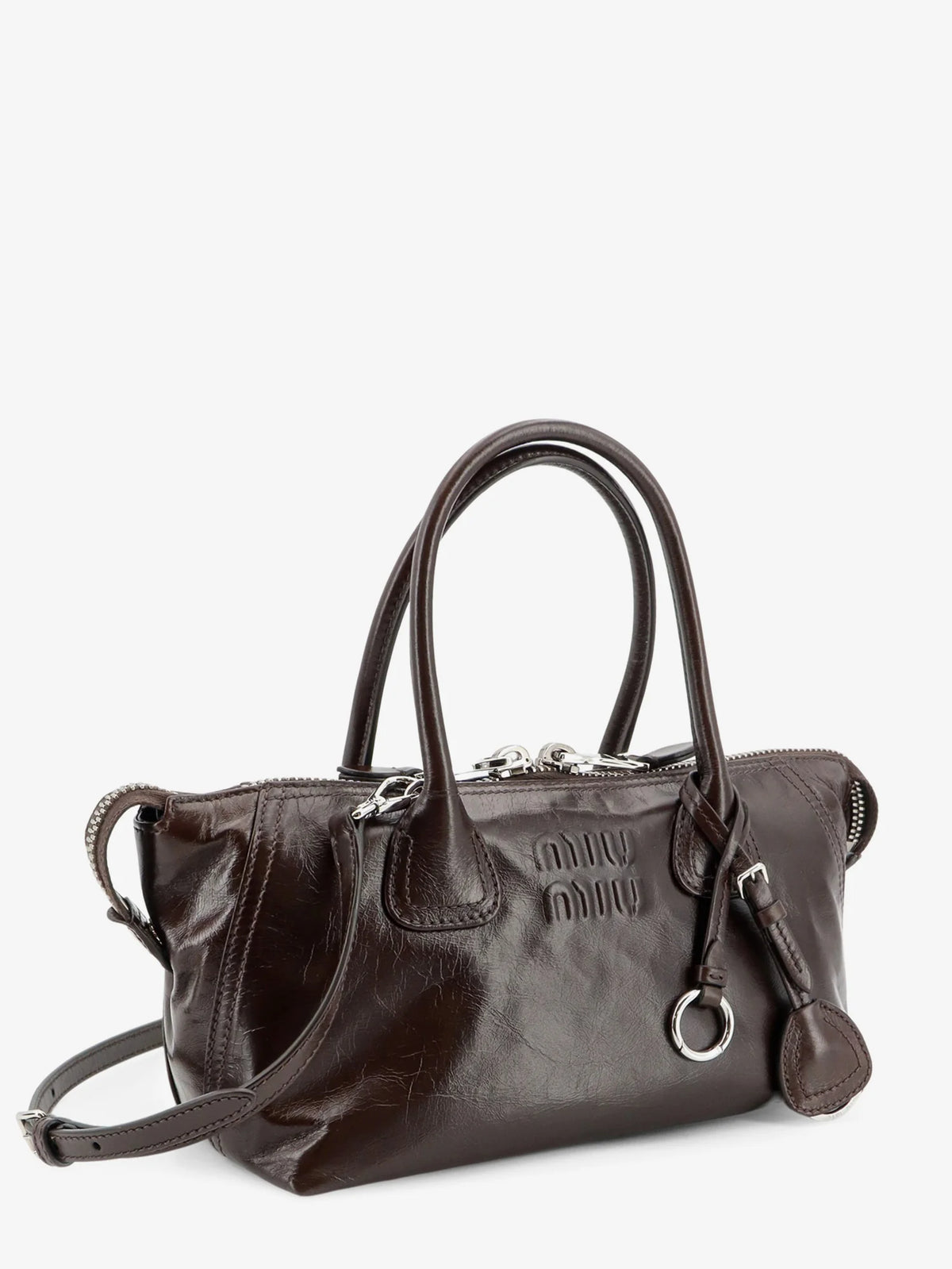 Leather handbag with embossed lettering logo