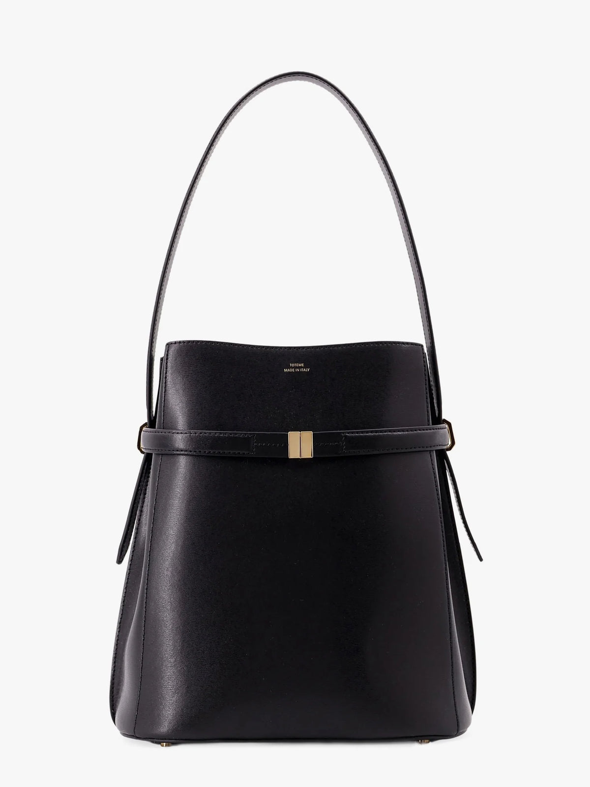 Belted leather bucket bag