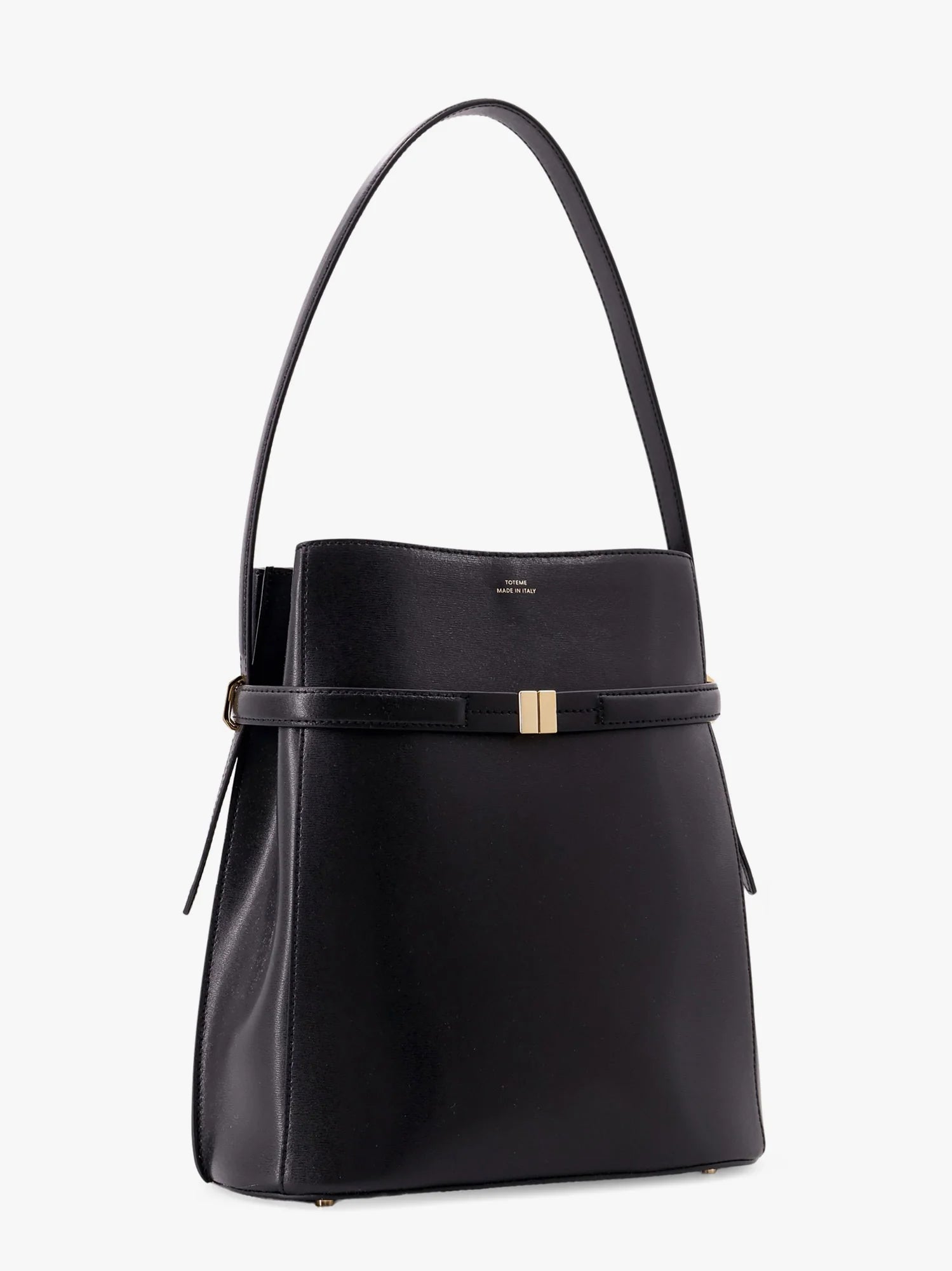 Belted leather bucket bag