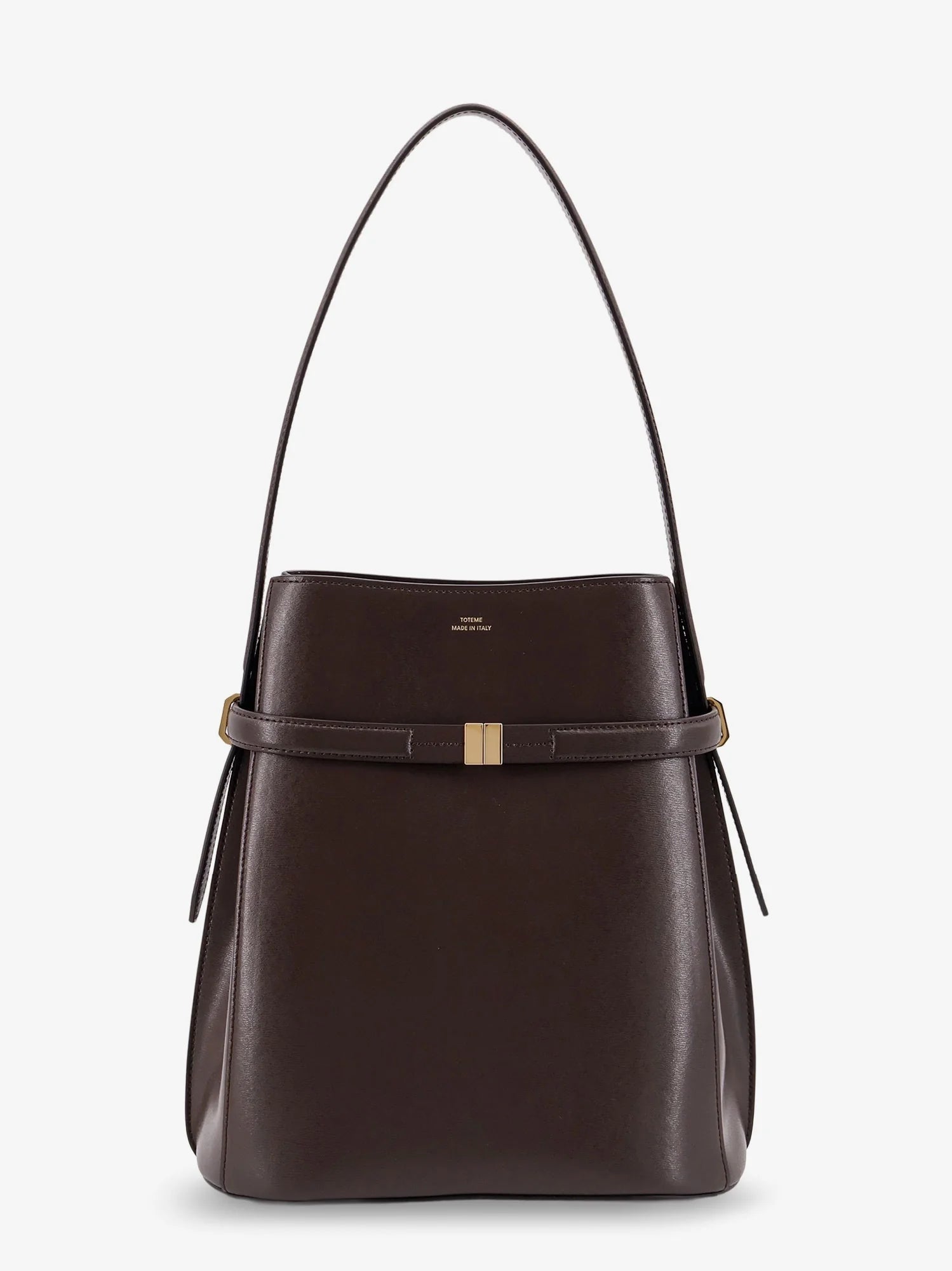 Belted leather bucket bag