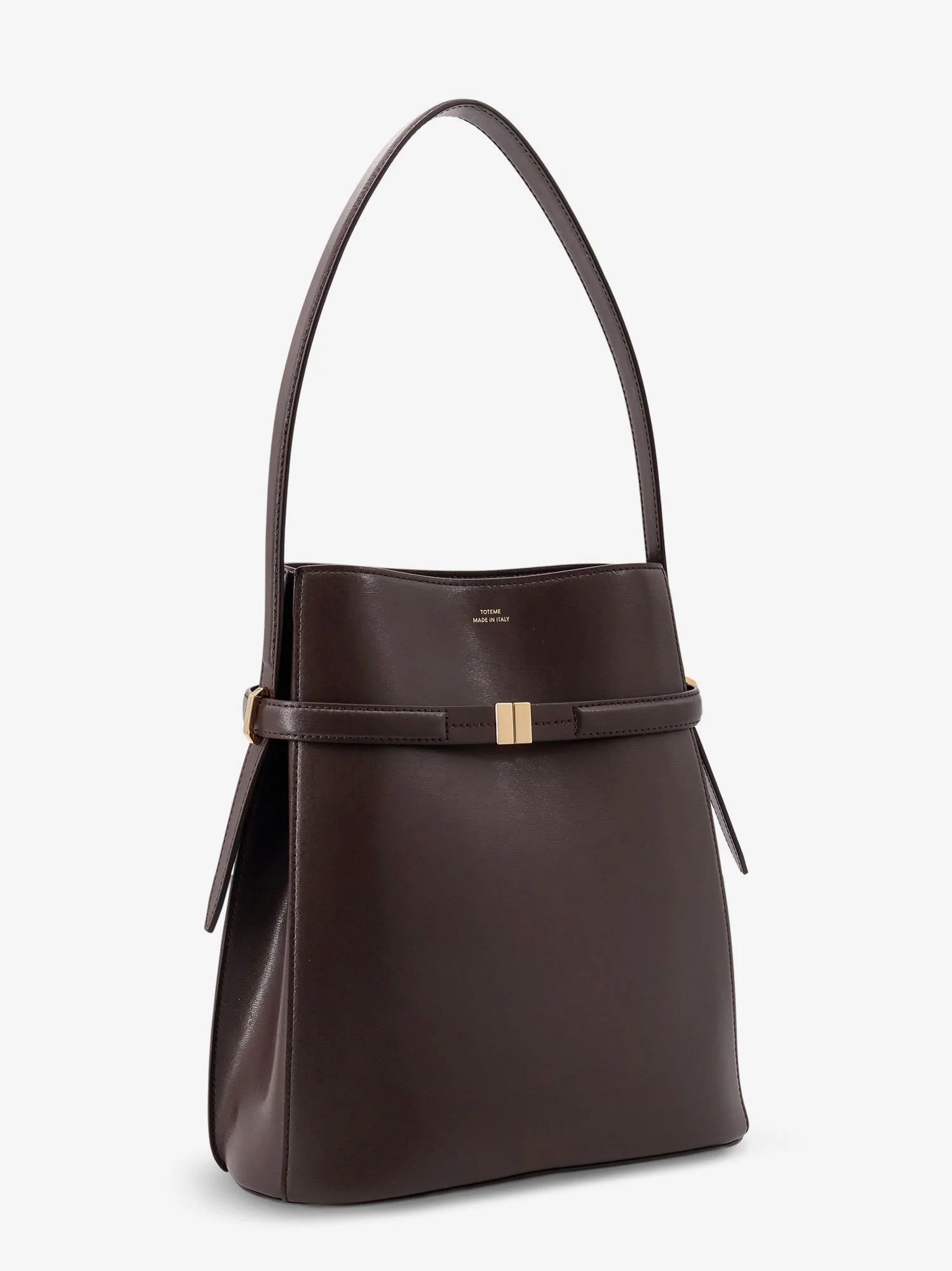 Belted leather bucket bag