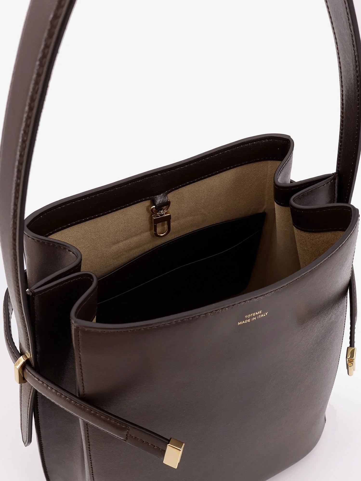 Belted leather bucket bag