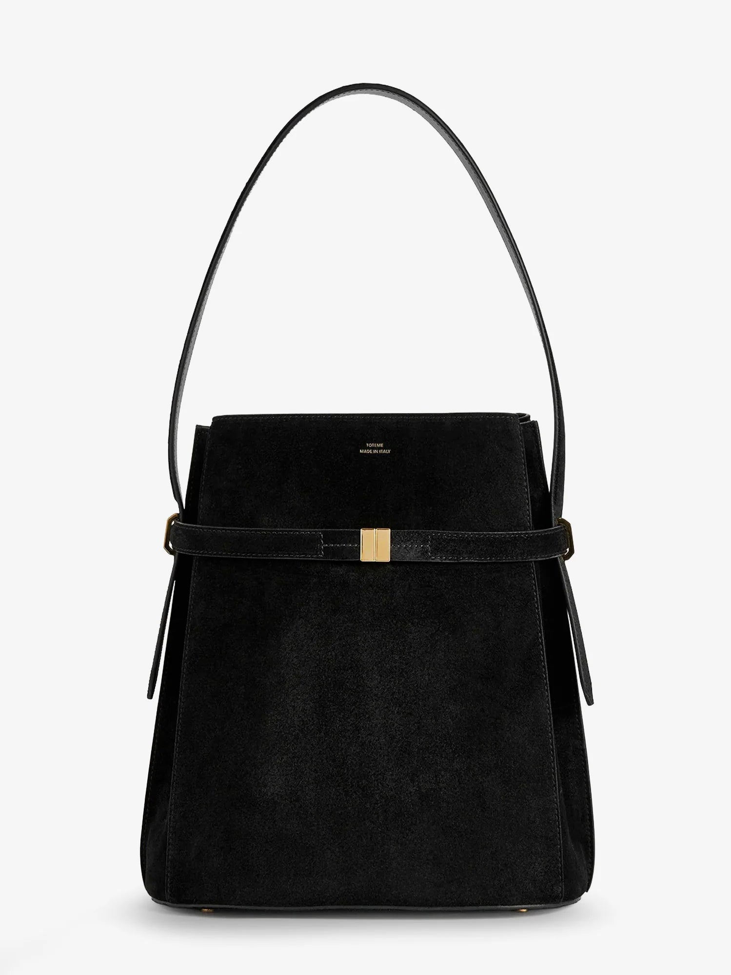 Belted suede bucket bag