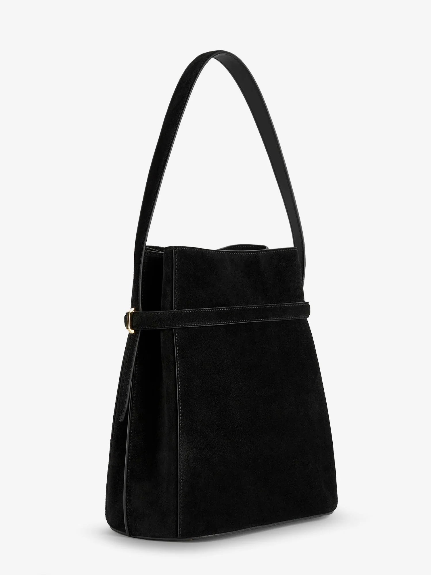 Belted suede bucket bag