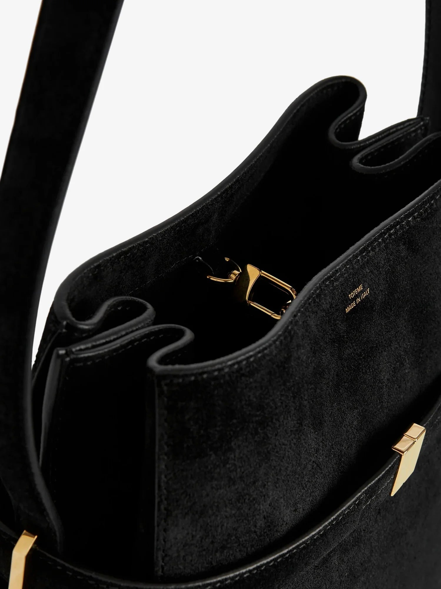 Belted suede bucket bag