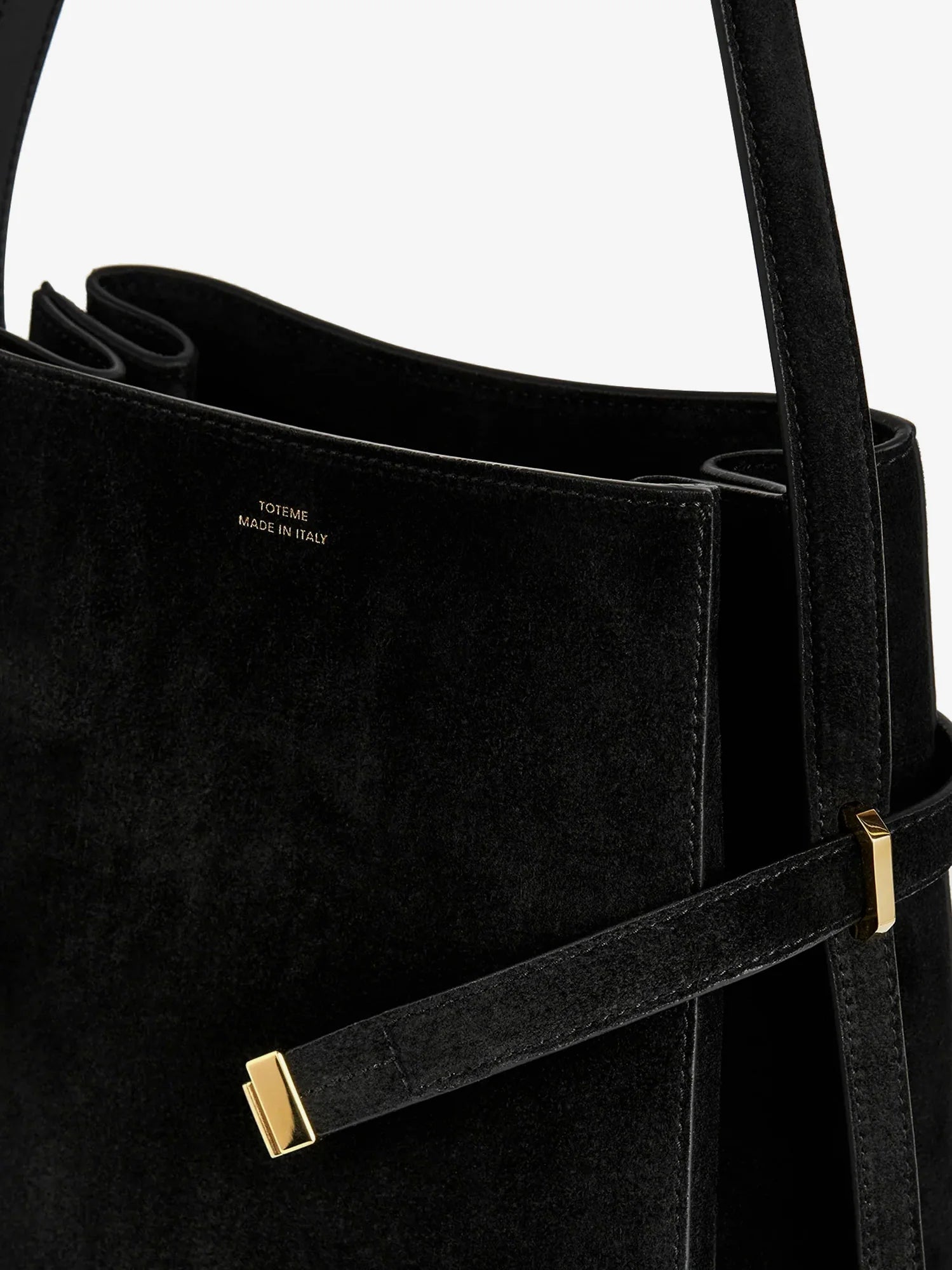 Belted suede bucket bag